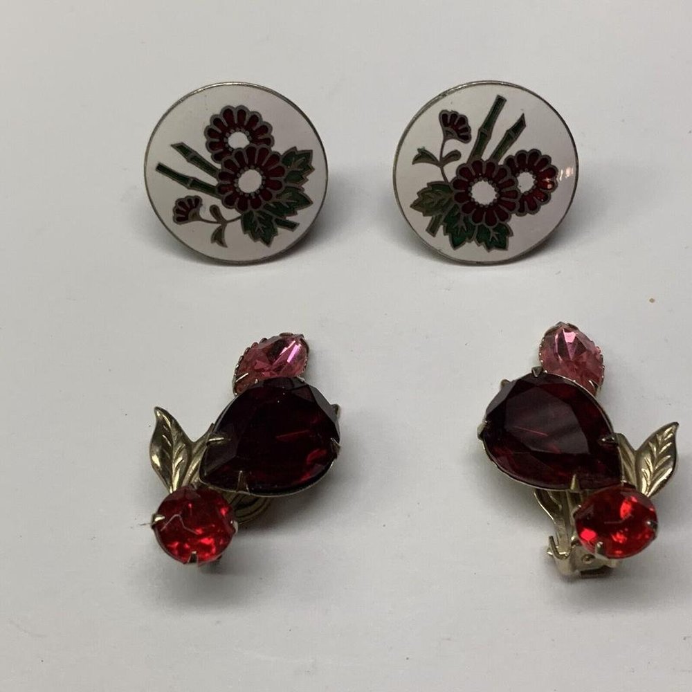 Lot Of 2 Vintage Clipon Clip On Costume Earrings Mix Cloisonne / Rhinestone